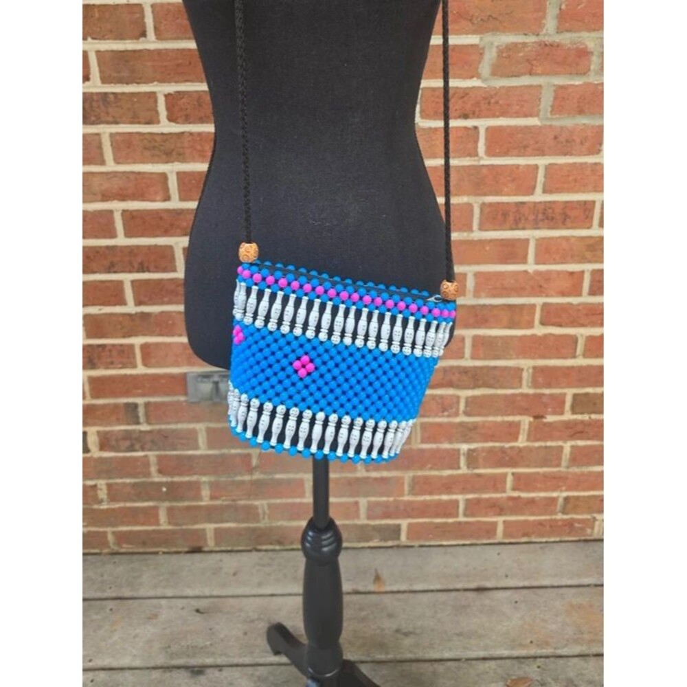Handmade Maasai Beaded Crossbody Bag Blue Pink White Artisan Boho Zip Purse